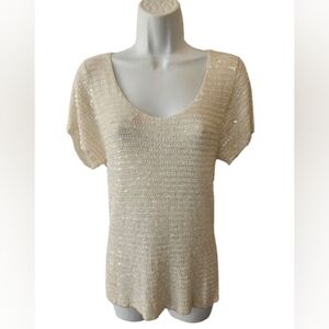 Oscar de la Renta Ivory Sequined Knit Sweater Top